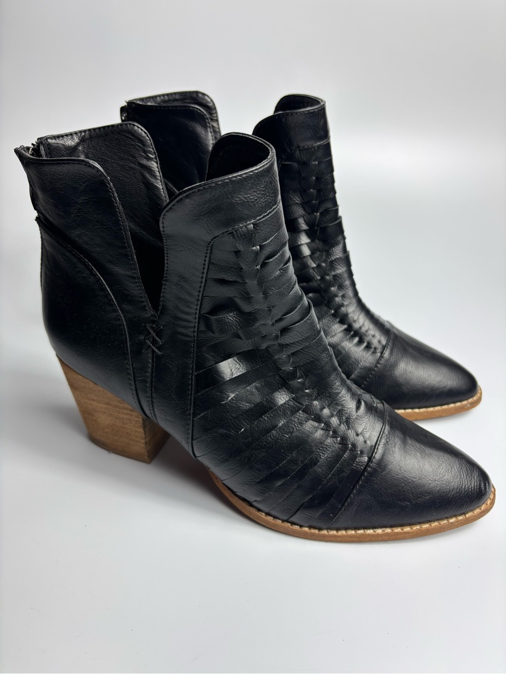Beast Fashion Black Leather Ankle Block Heels Woven Strappy Boots Women Size 10